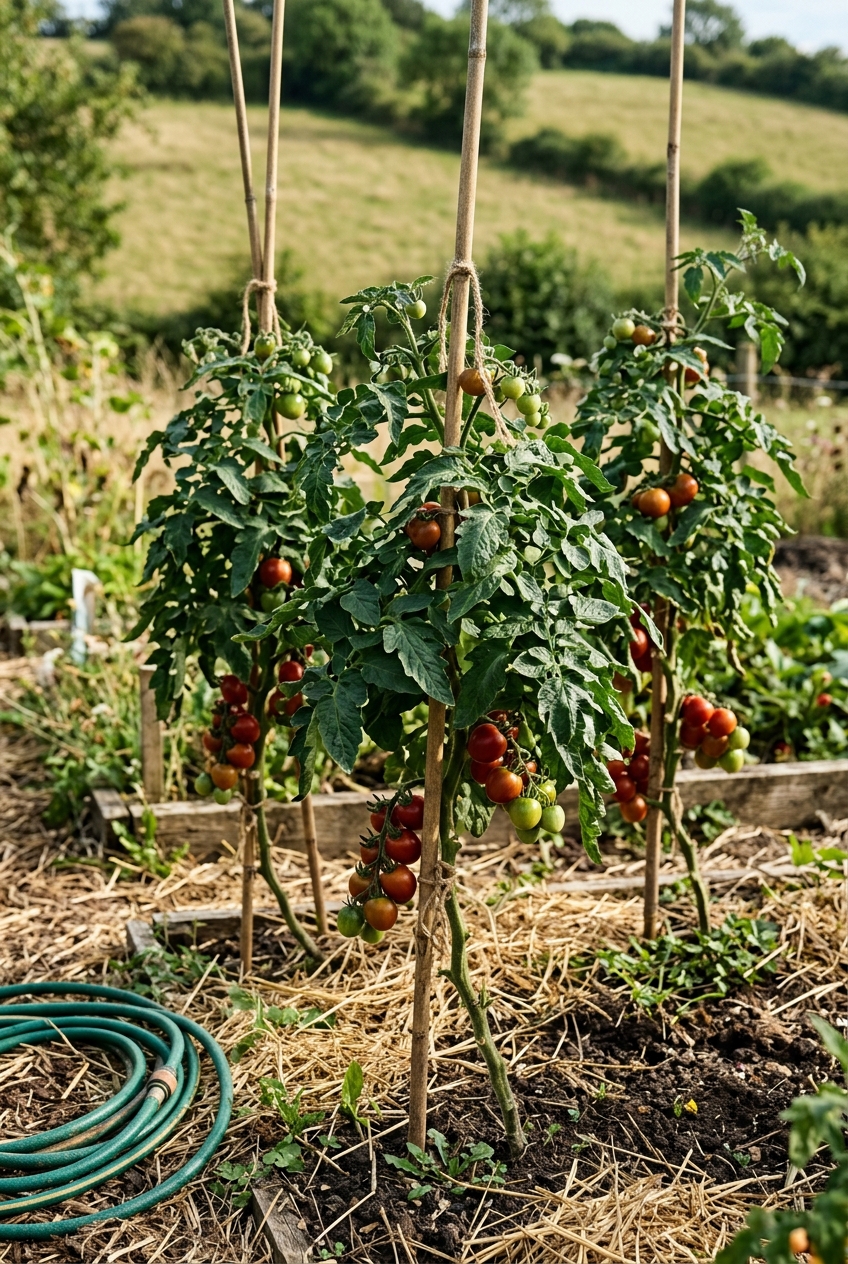 Mature tomato plants staked with bamboo canes in a vegetable garden