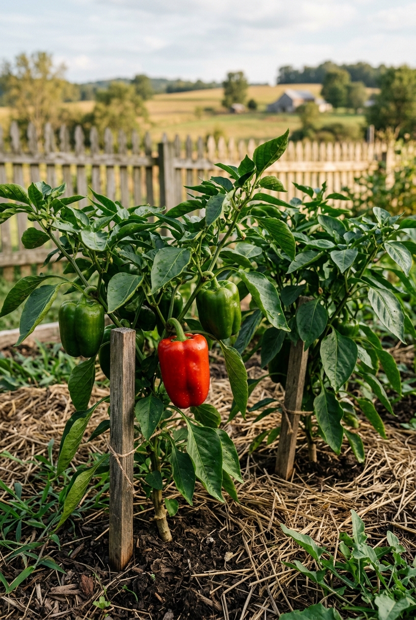 Bell pepper plants with red and green peppers in a vegetable patch