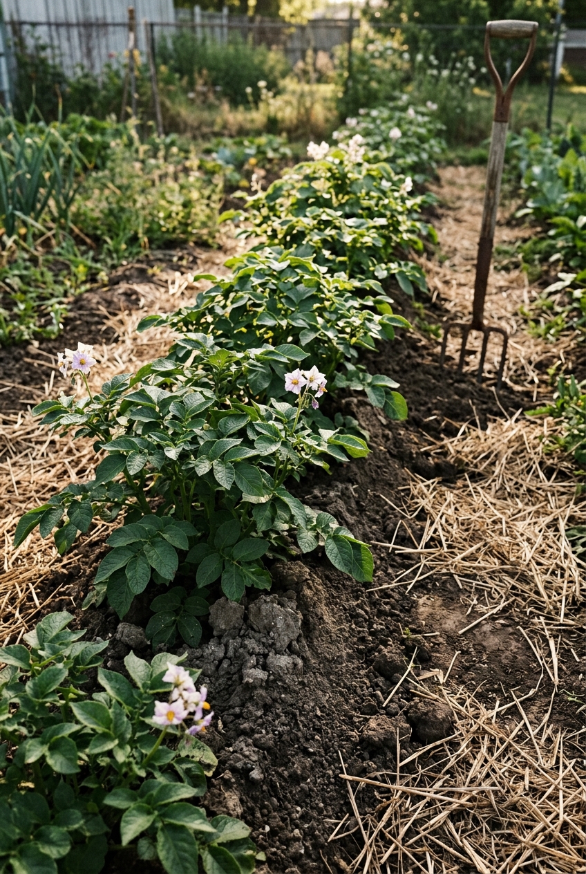 Row of flowering potato plants in dark soil with straw mulch