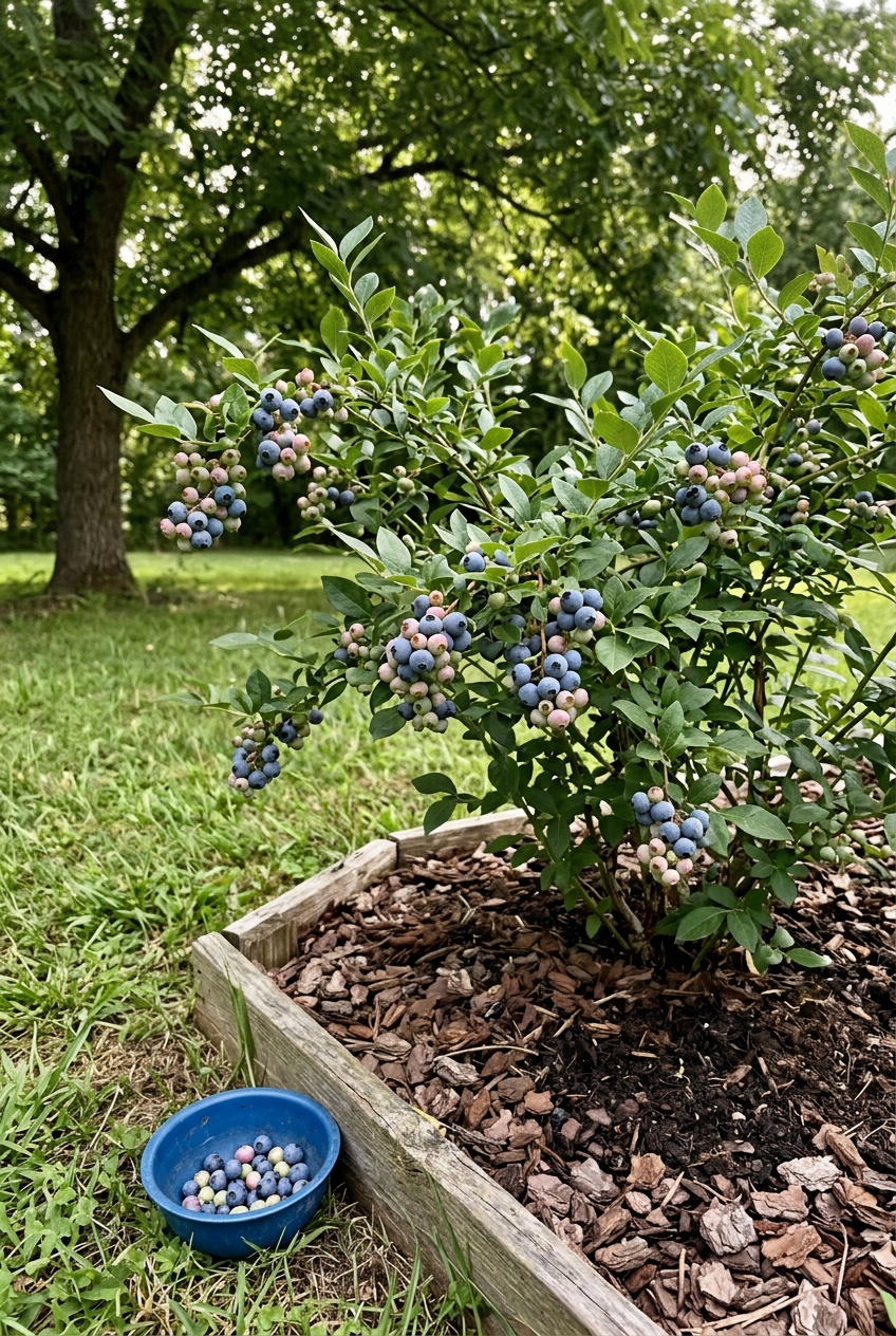 Blueberry bush with ripening berries in a garden bed with pine bark mulch