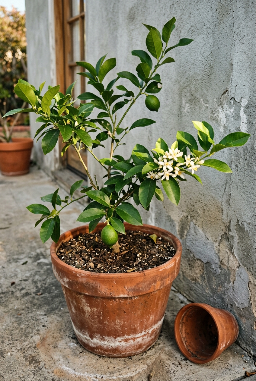 Young lemon tree in a terracotta pot with green lemons and white blossoms