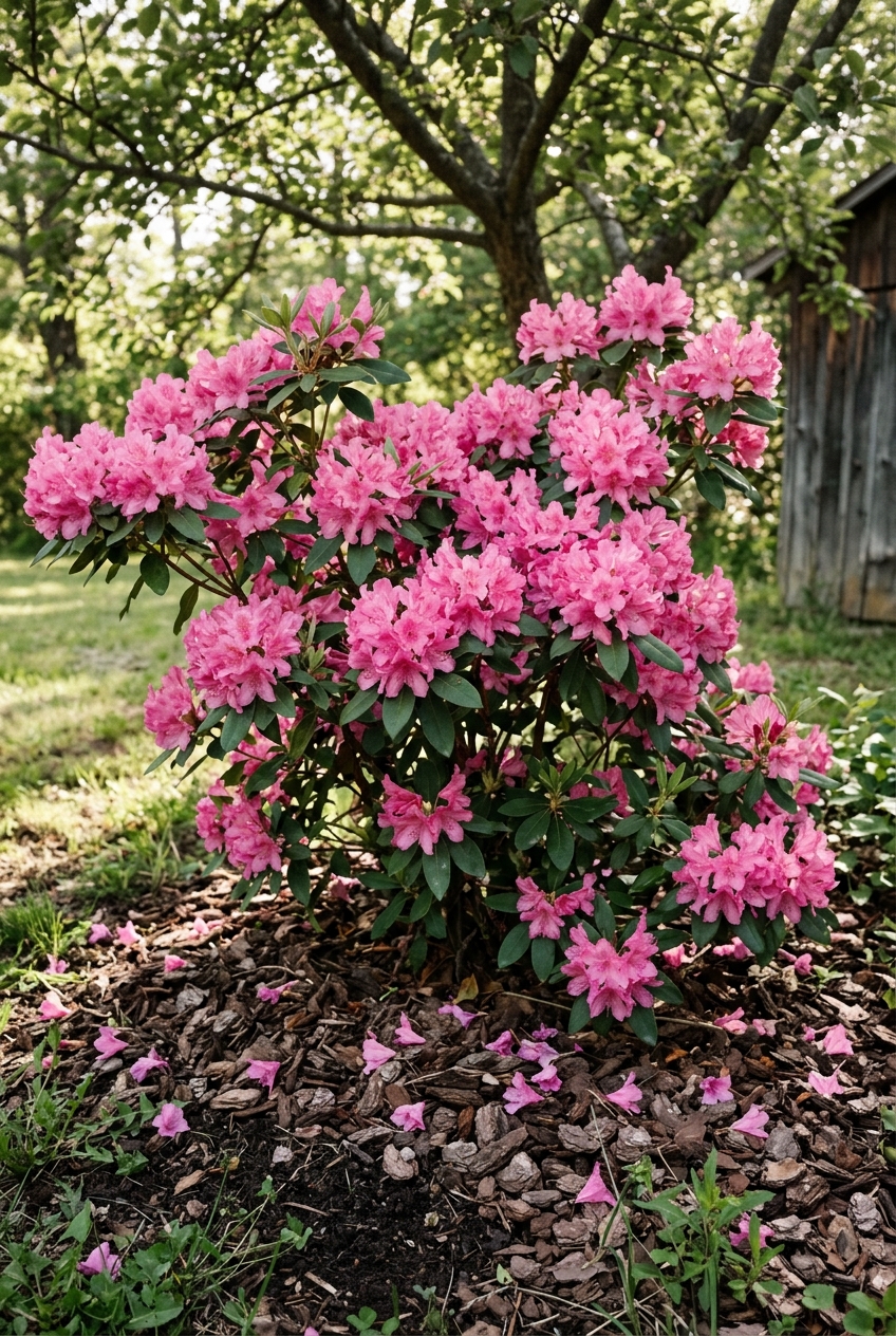 Azalea bush with bright pink flowers in dappled shade under an apple tree