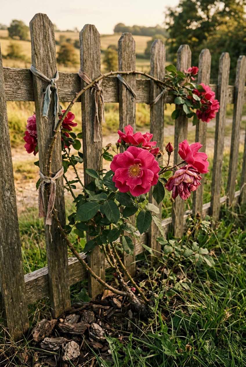 Climbing rose with deep pink blooms along a weathered picket fence