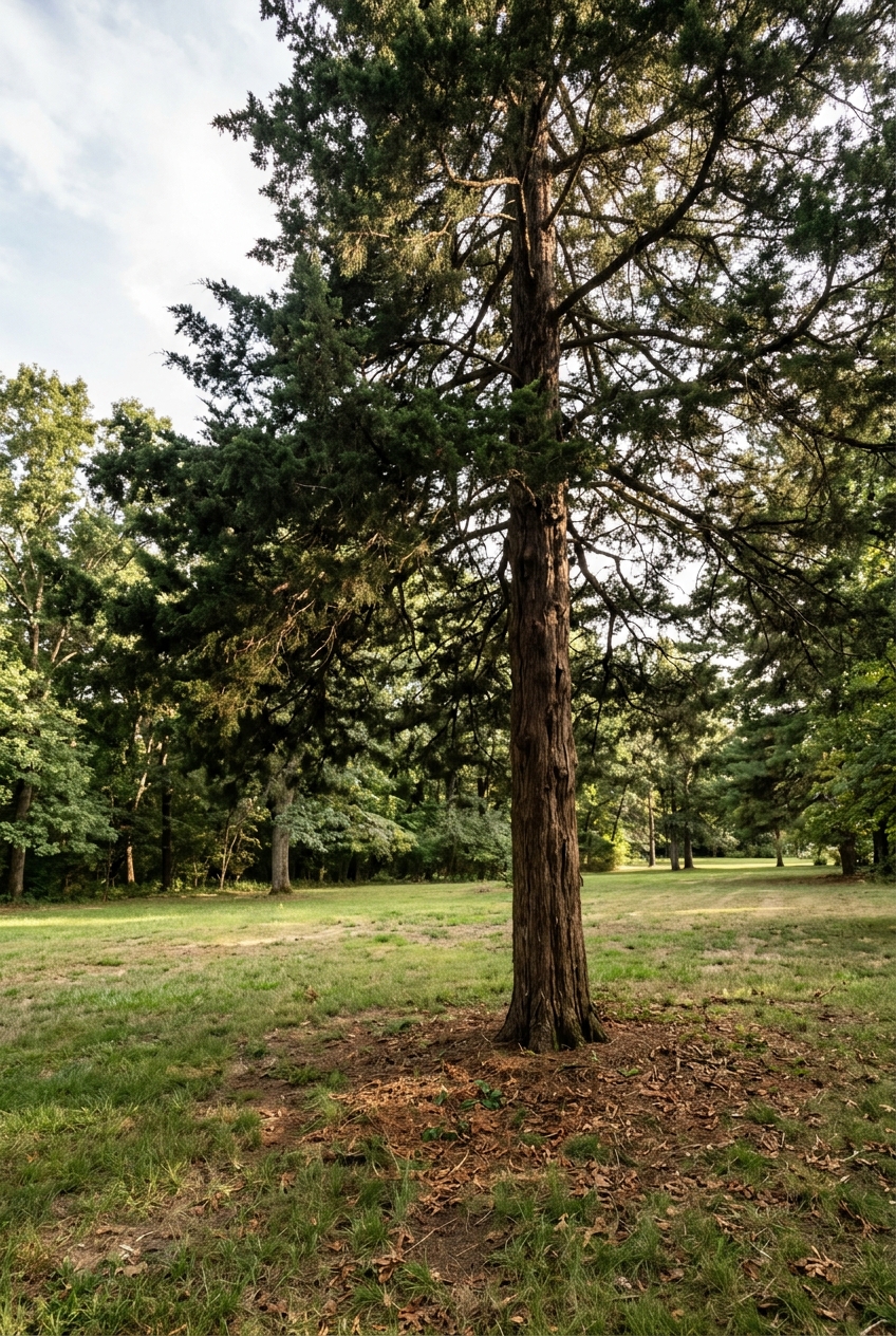 Tall mature conifer tree with dense dark green needle foliage