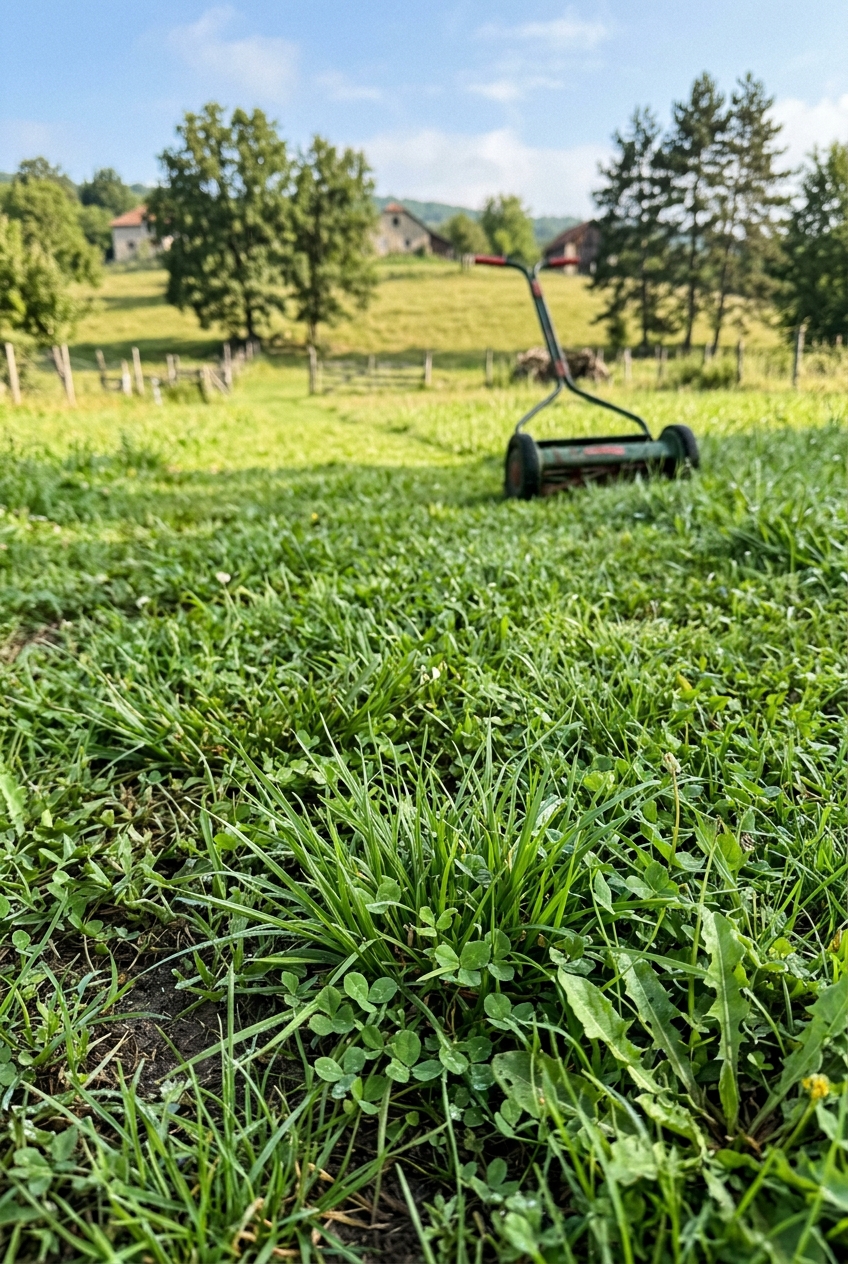 Close-up of green lawn grass with mixed varieties and clover