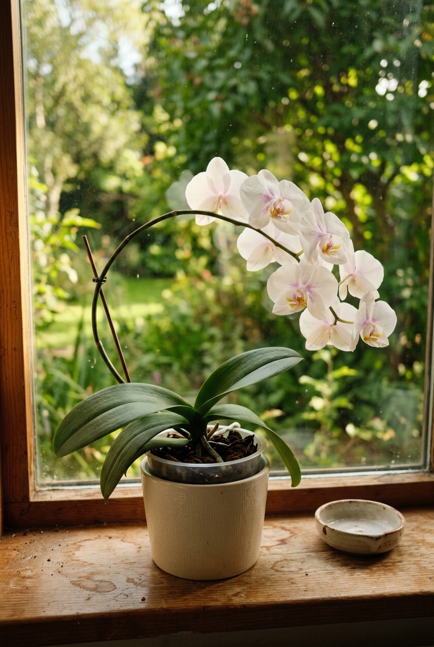 White moth orchid on a windowsill with garden visible through the window