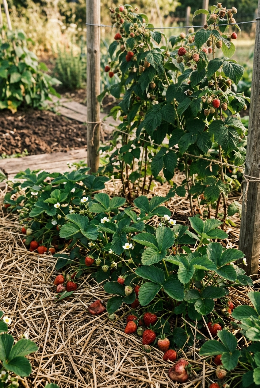 Strawberry plants with ripe berries and raspberry canes in a garden bed