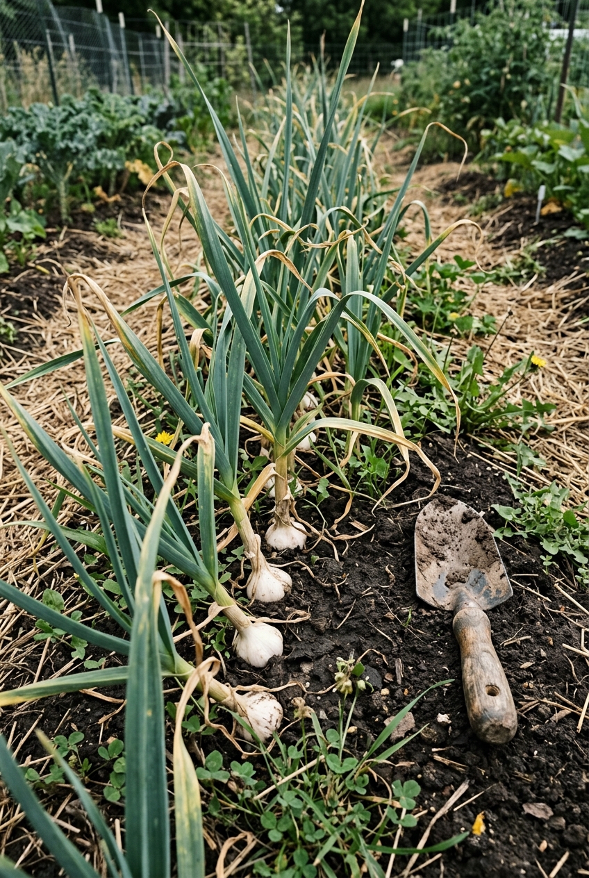 Row of garlic plants with blue-green leaves in a vegetable garden