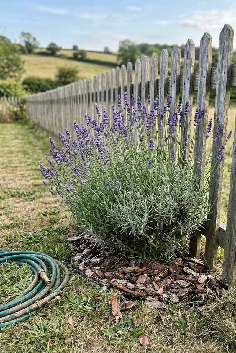 Lavender plant with purple flower spikes growing in a garden