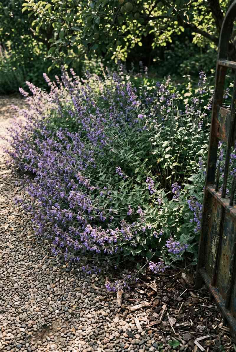 Catmint plant with purple-blue flowers in a garden border