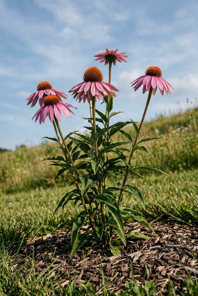 Purple coneflower (Echinacea) blooming in a sunny garden