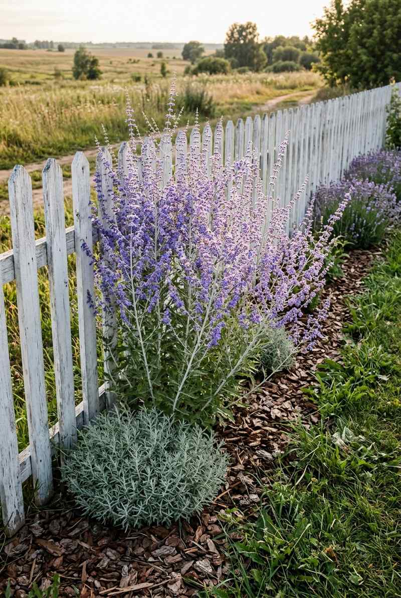 Russian sage with lavender-blue flowers along a fence