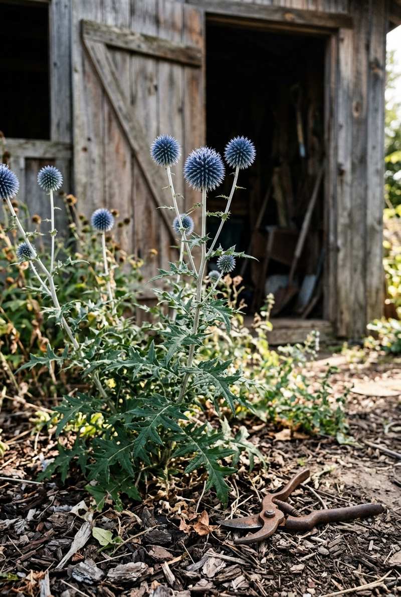 Globe thistle with spherical steel-blue flower heads