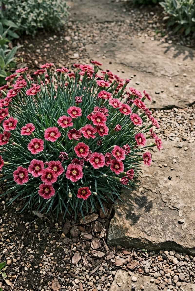 Dianthus pinks with fringed deep pink flowers