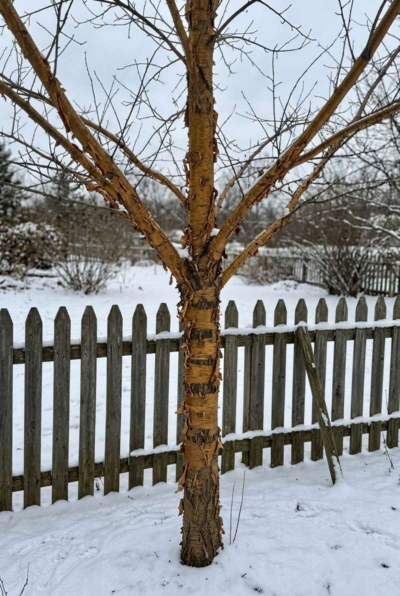 Amur chokecherry with golden-brown peeling bark standing in a snowy yard