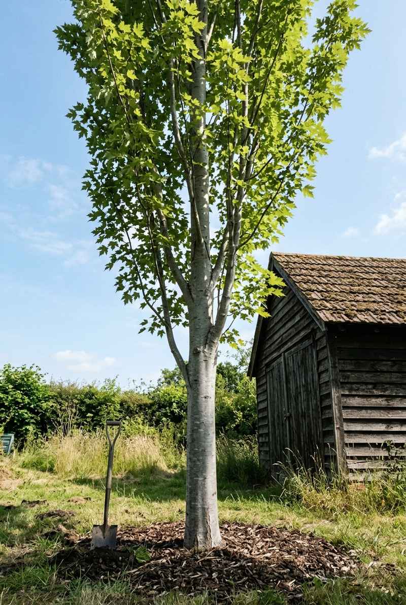Armstrong maple with upright branches and silvery bark beside a timber shed