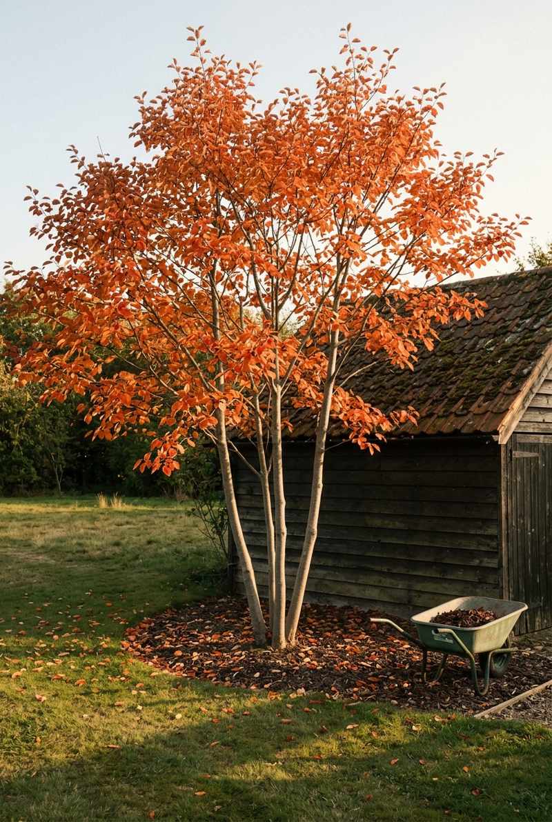 Autumn Brilliance serviceberry with orange-red fall leaves beside a timber shed