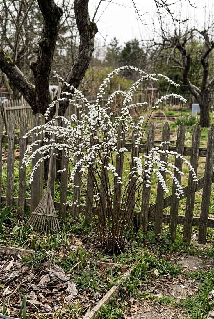 Bridal wreath spirea with bare arching branches lined with small double white flowers
