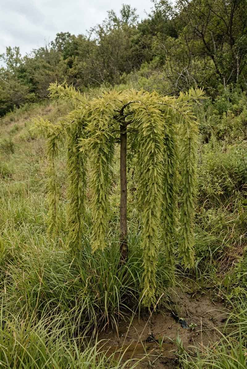 Cascade Falls bald cypress with feathery green branches plunging straight to the ground