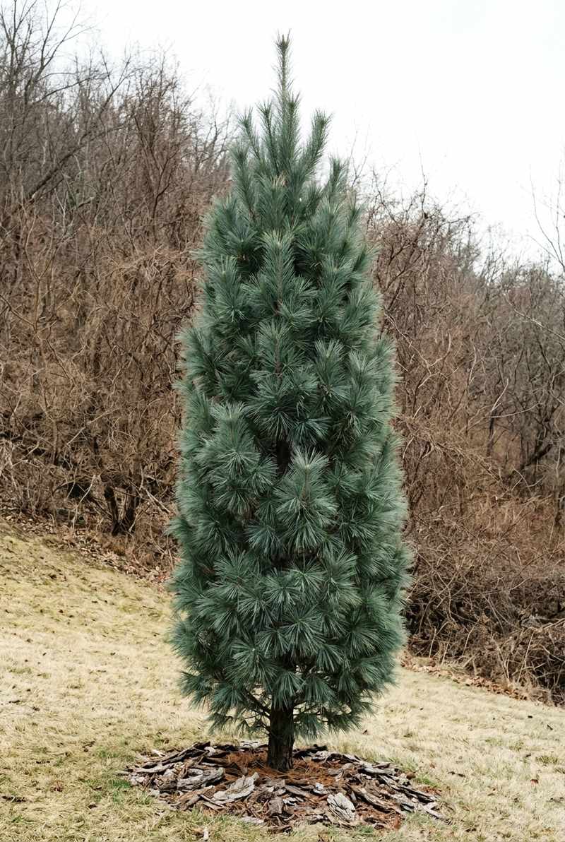 Columnar white pine with upswept branches and soft blue-green needles in winter
