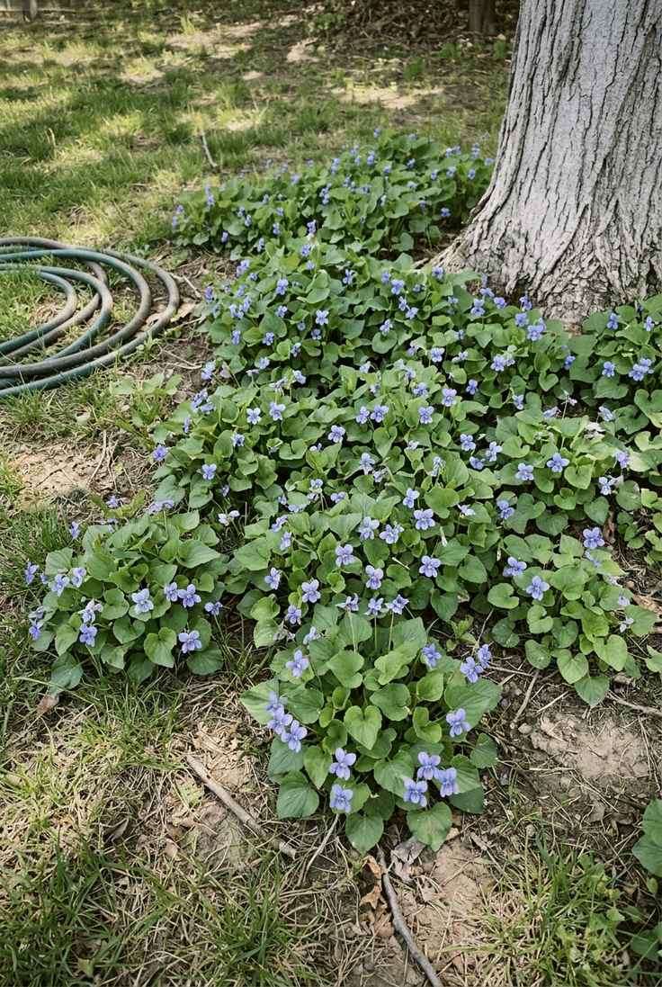 Common blue violet colony with blue-violet flowers under a mature walnut tree