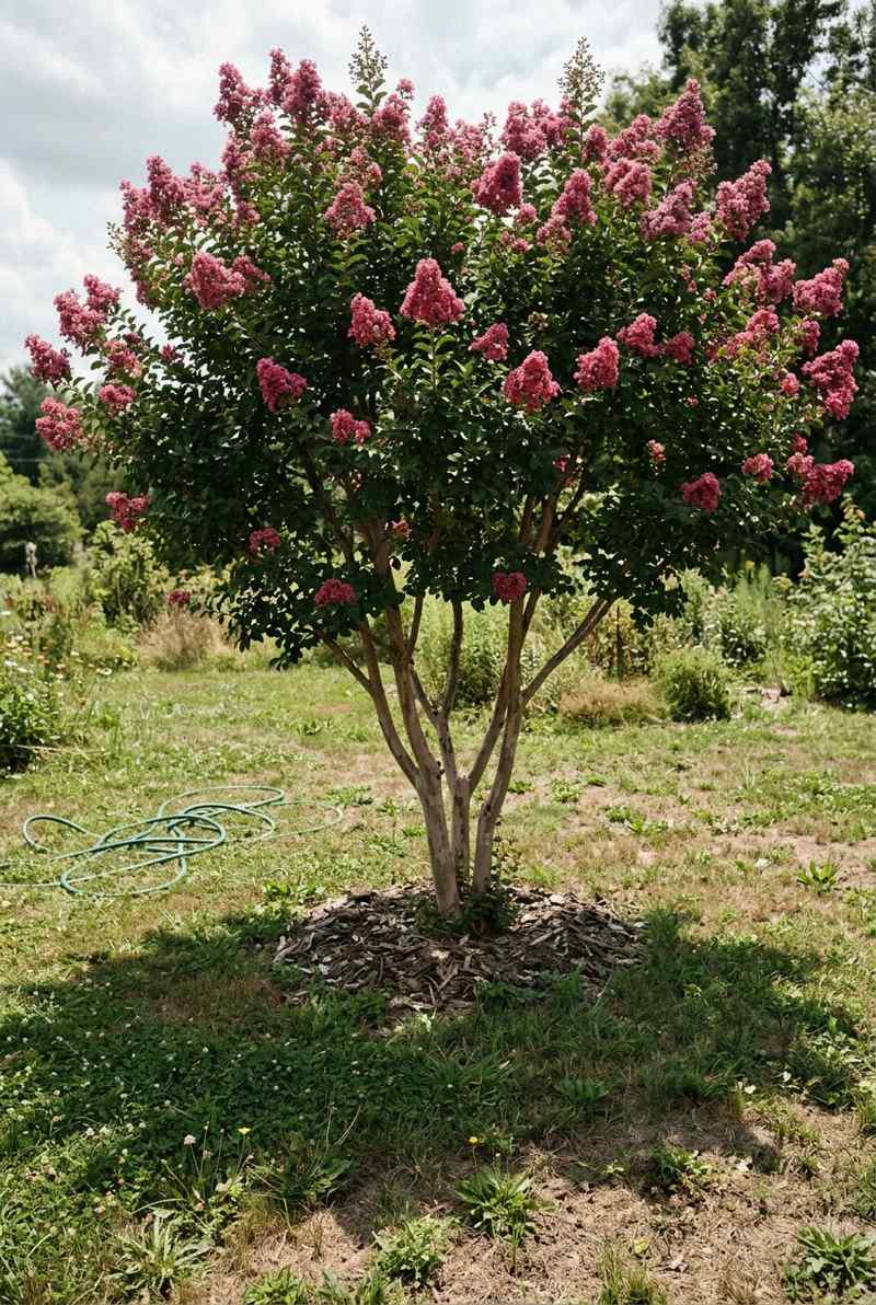 Crape myrtle with rose-pink flowers casting an oval of shade on a lawn