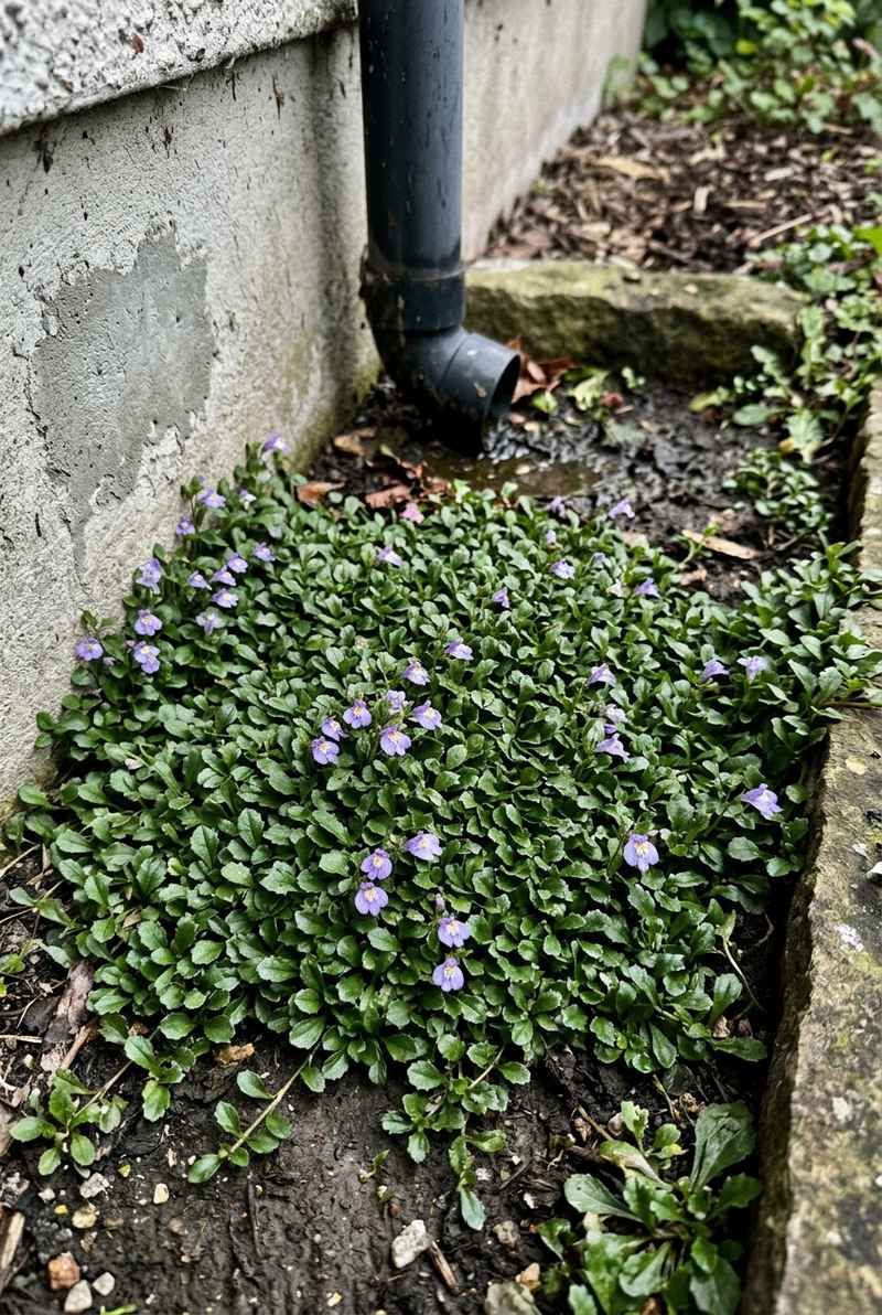 Creeping mazus carpet with tiny purplish-blue flowers marked yellow and white
