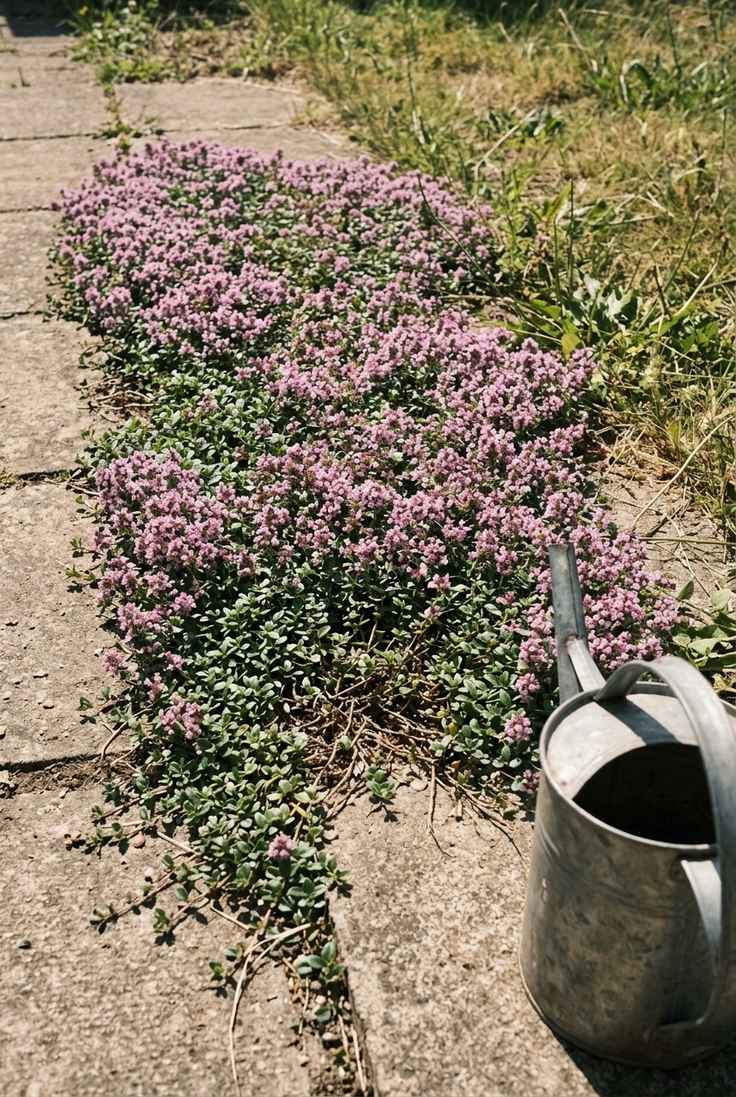 Creeping thyme with pink-purple flowers filling gaps between concrete path slabs