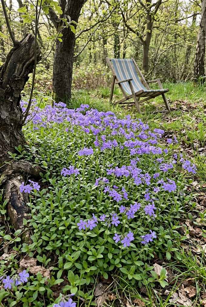 Creeping woodland phlox with purple-blue flowers under old apple and plum trees
