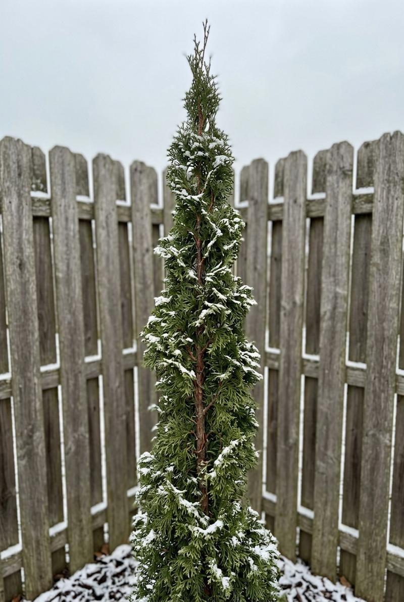 Degroot's Spire arborvitae with twisted green foliage dusted with snow