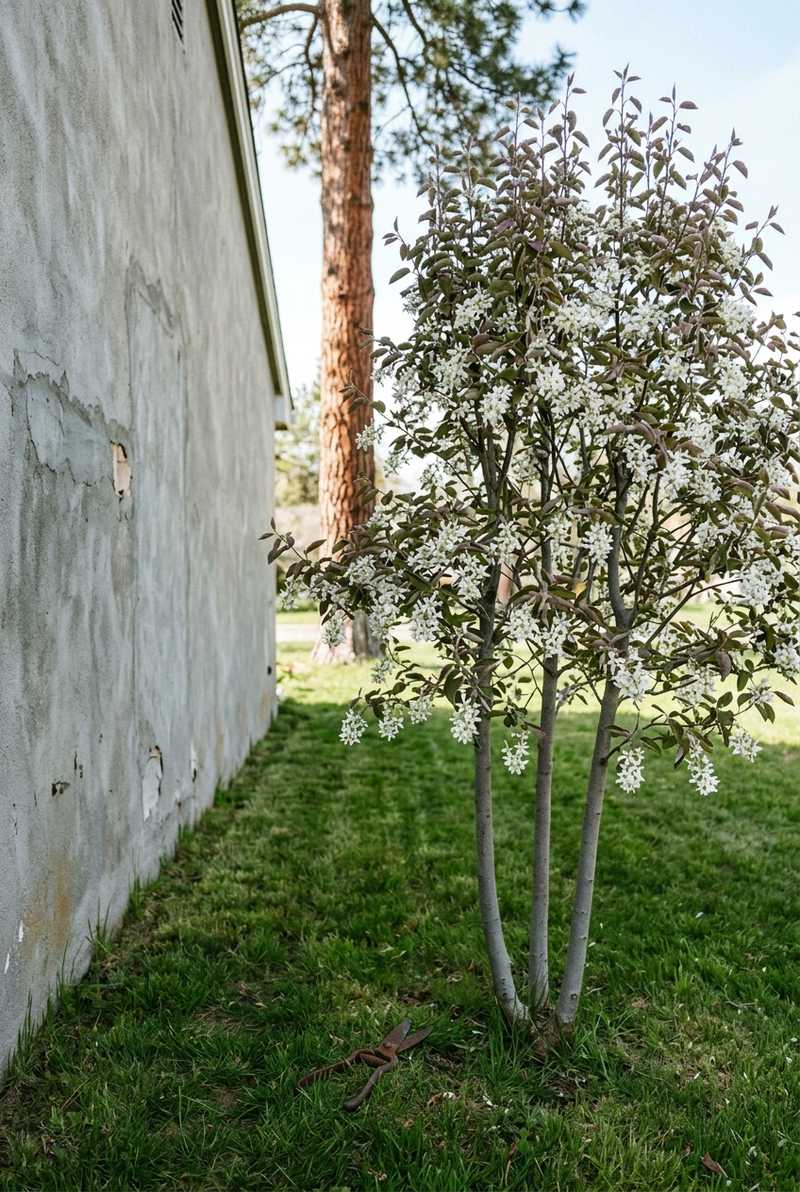 Downy serviceberry in white spring bloom growing narrow beside a stucco house wall