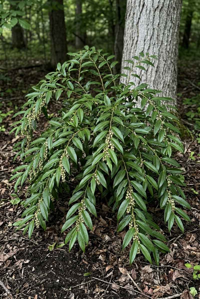 Drooping leucothoe with arching stems of glossy evergreen leaves and hanging white flower spikes