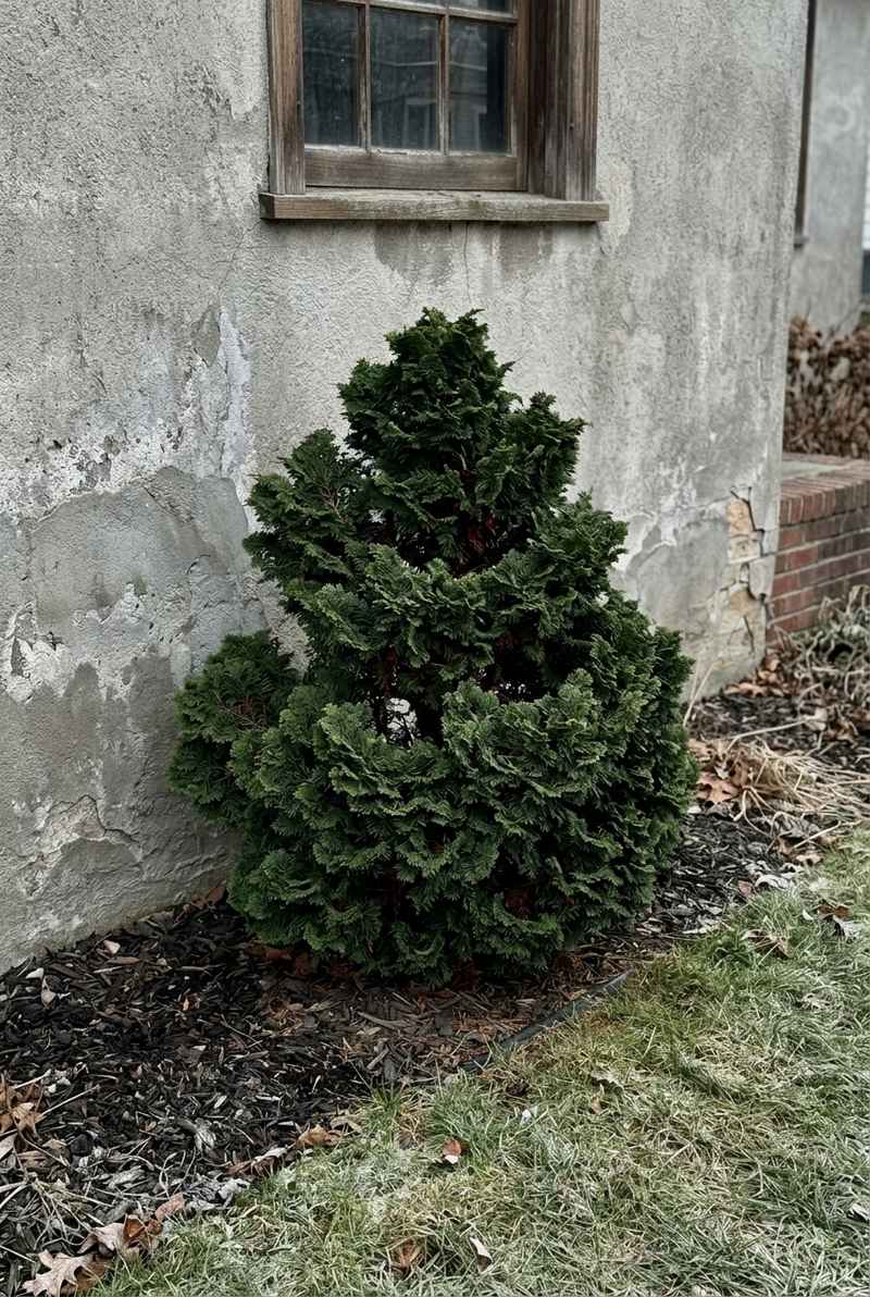 Dwarf Hinoki cypress with dark green shell-like sprays below a house window