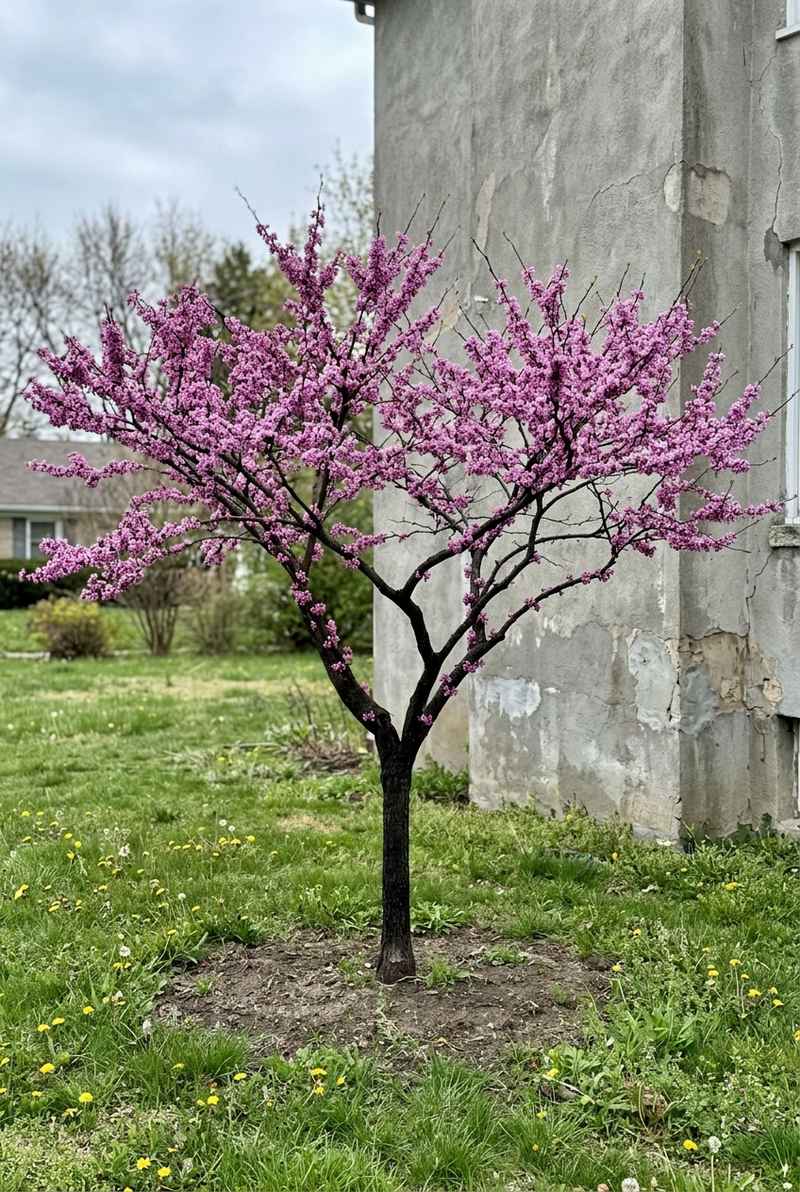 Eastern redbud covered in rose-purple flowers on bare branches in spring