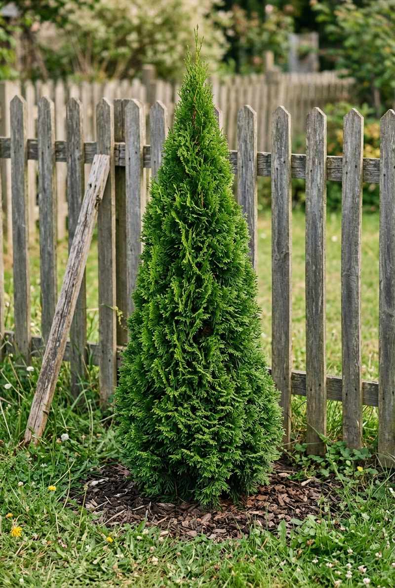 Emerald Green arborvitae forming a tight bright green cone beside a picket fence