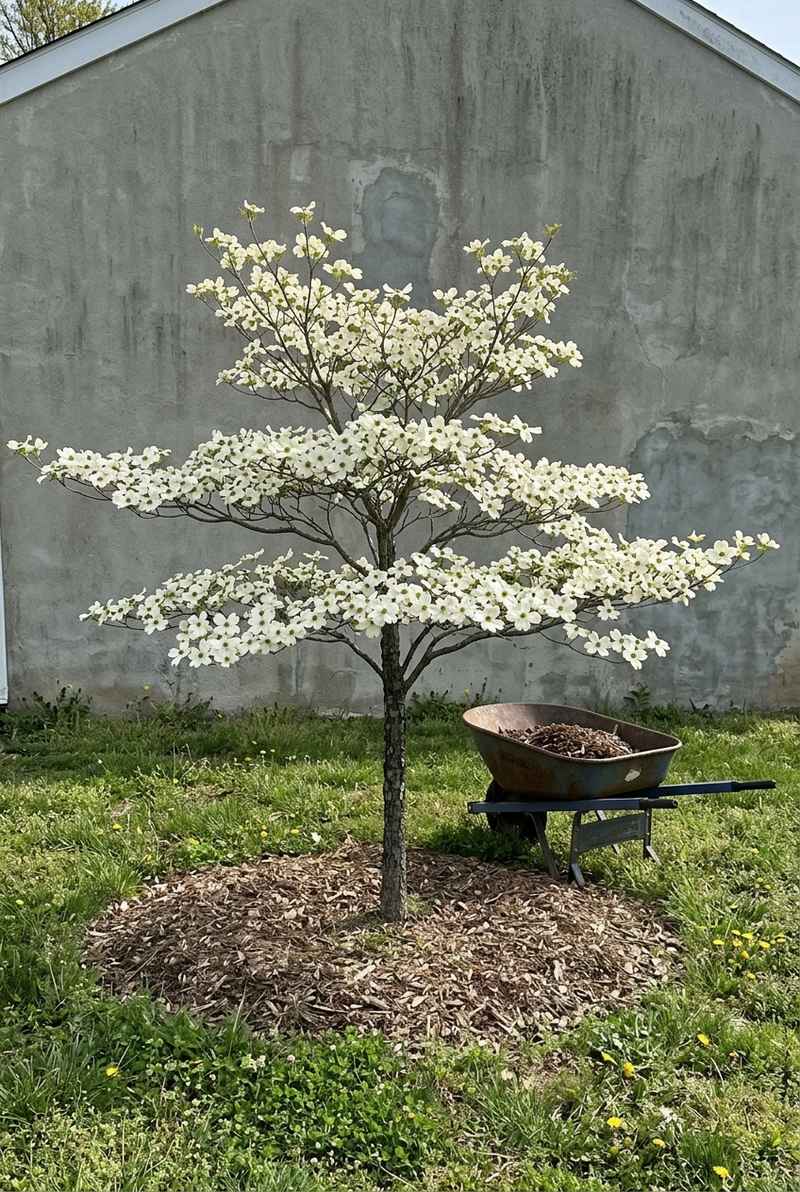 Flowering dogwood with tiers of white blossoms well out from a house wall