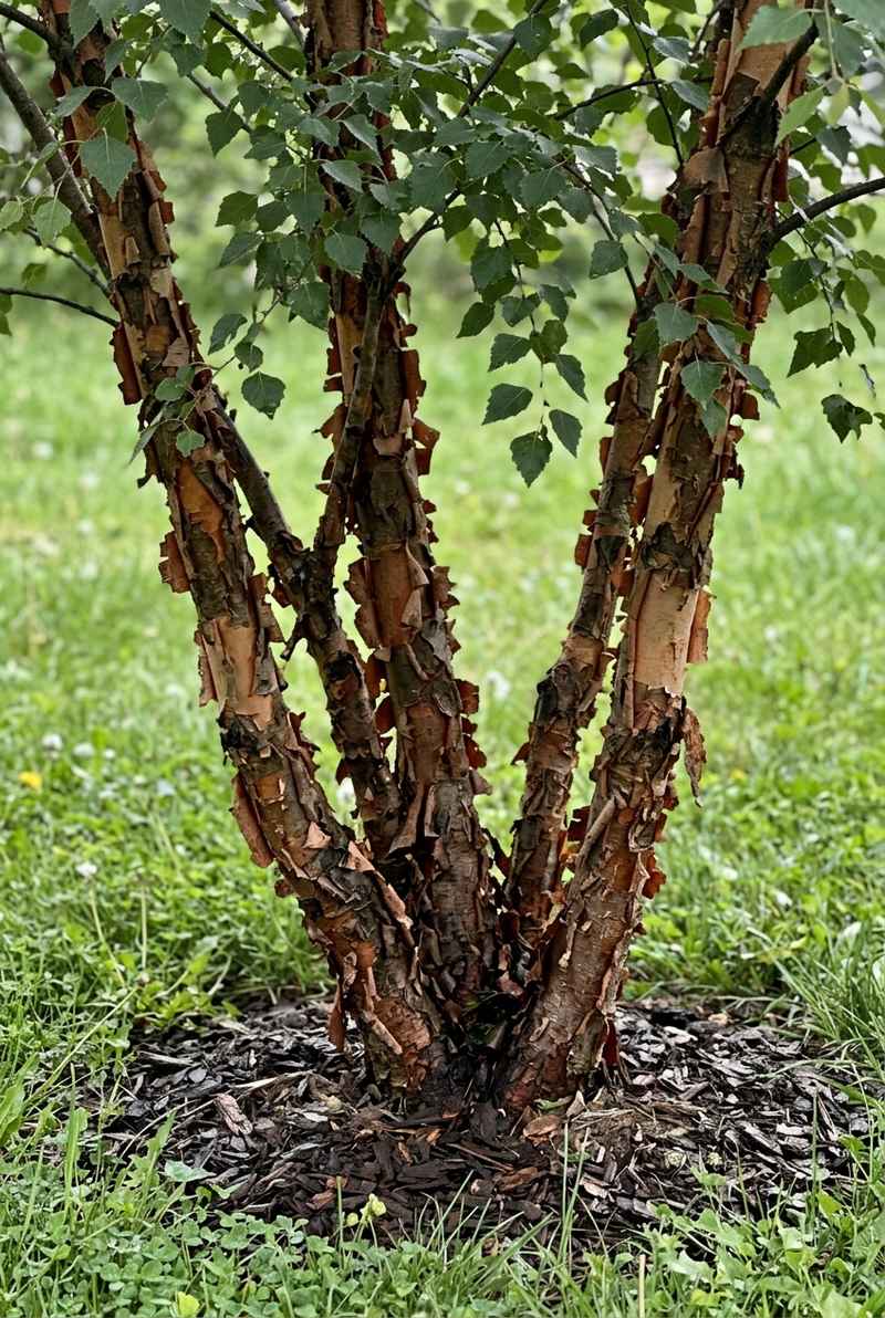 Fox Valley river birch stems with orangish-brown bark peeling in papery layers