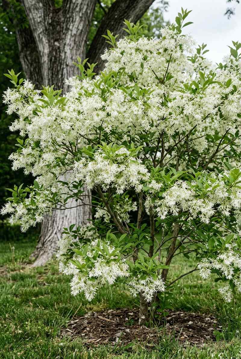 Fringe tree flowers hanging in creamy white fringe-like clusters