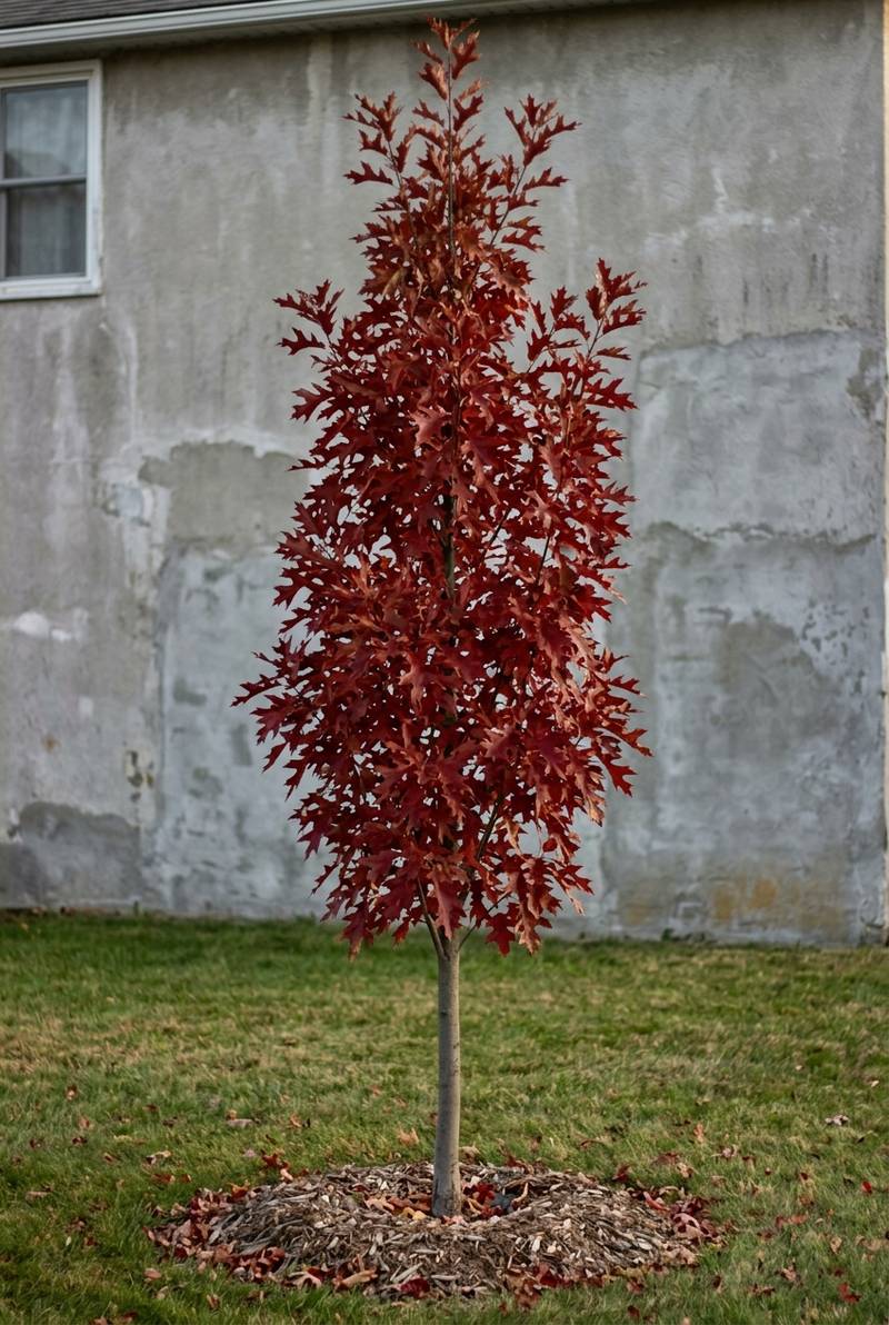 Green Pillar pin oak in deep red fall color, narrow and upright