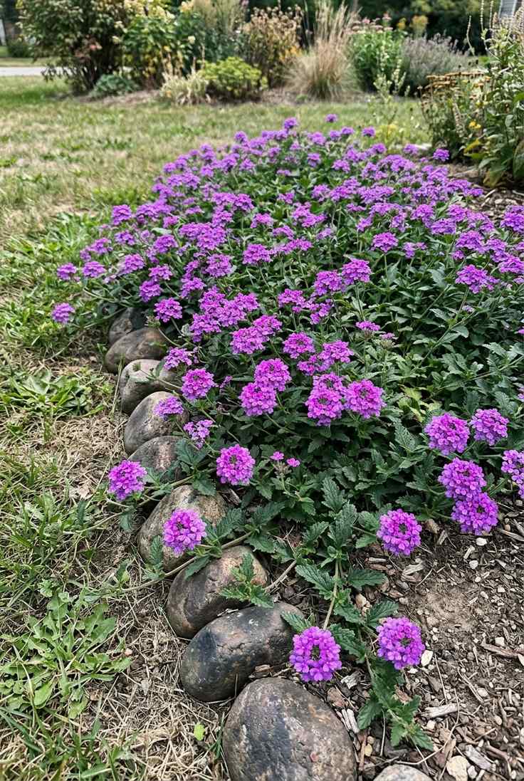 'Homestead Purple' verbena with bright purple flower heads spilling over river stones