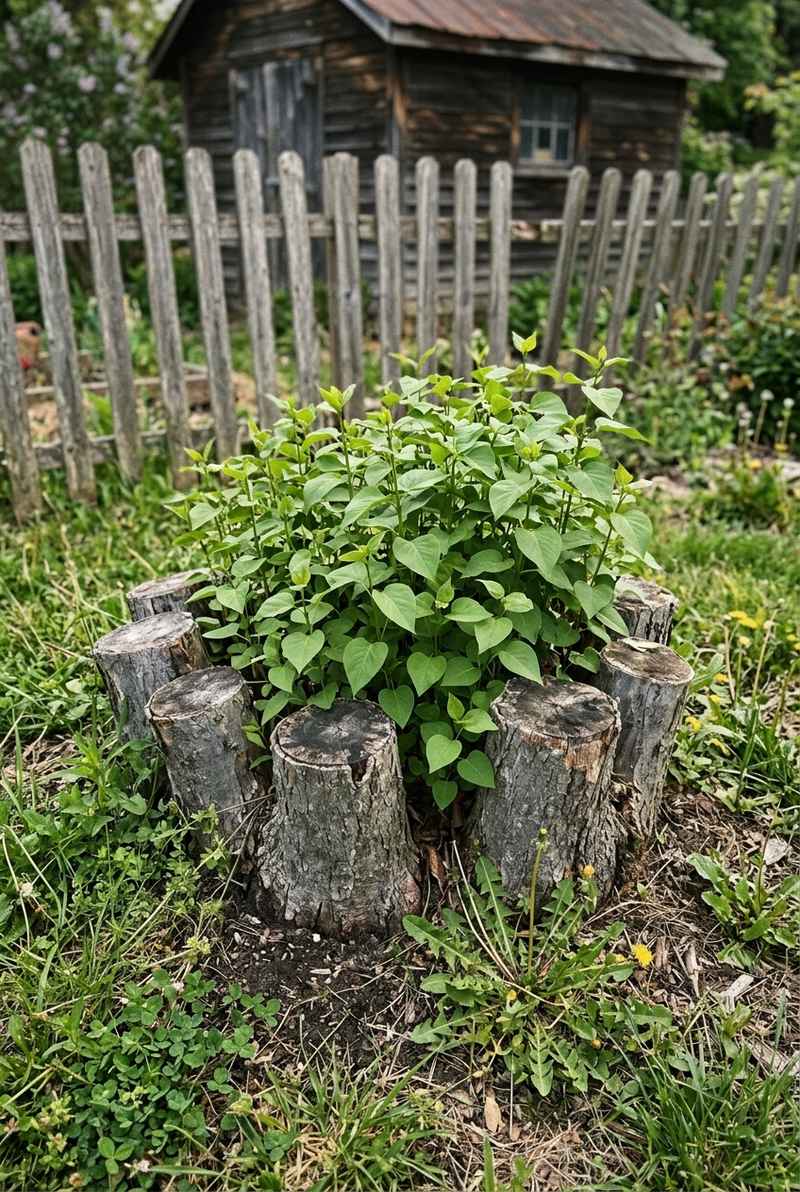 Lilac stumps cut to a few inches with new green shoots growing around them