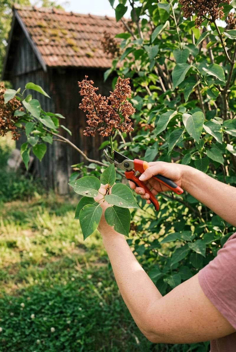 Pruners cutting a spent brown lilac flower cluster just above the leaves