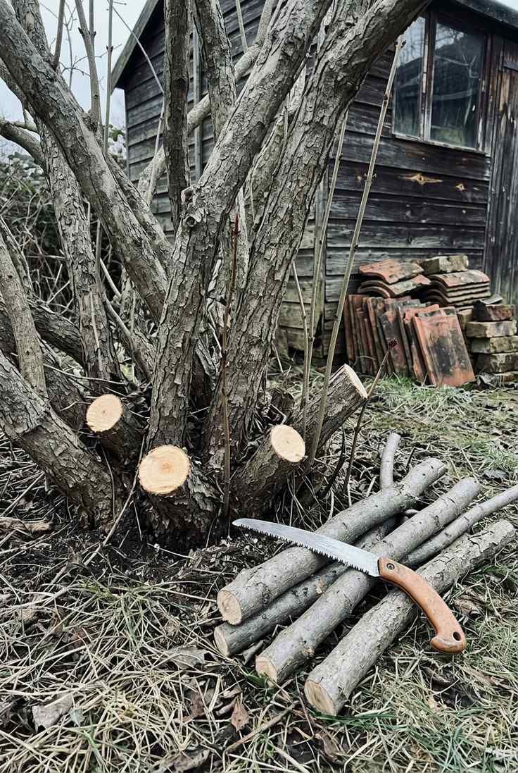 Base of an old lilac with the thickest stems sawn off at ground level