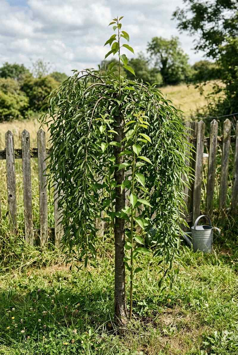 Straight rootstock shoots growing up from the trunk of a weeping cherry