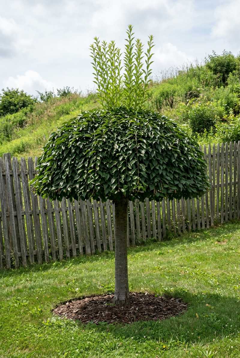 Weeping cherry sheared into a dome with straight shoots sprouting from the top