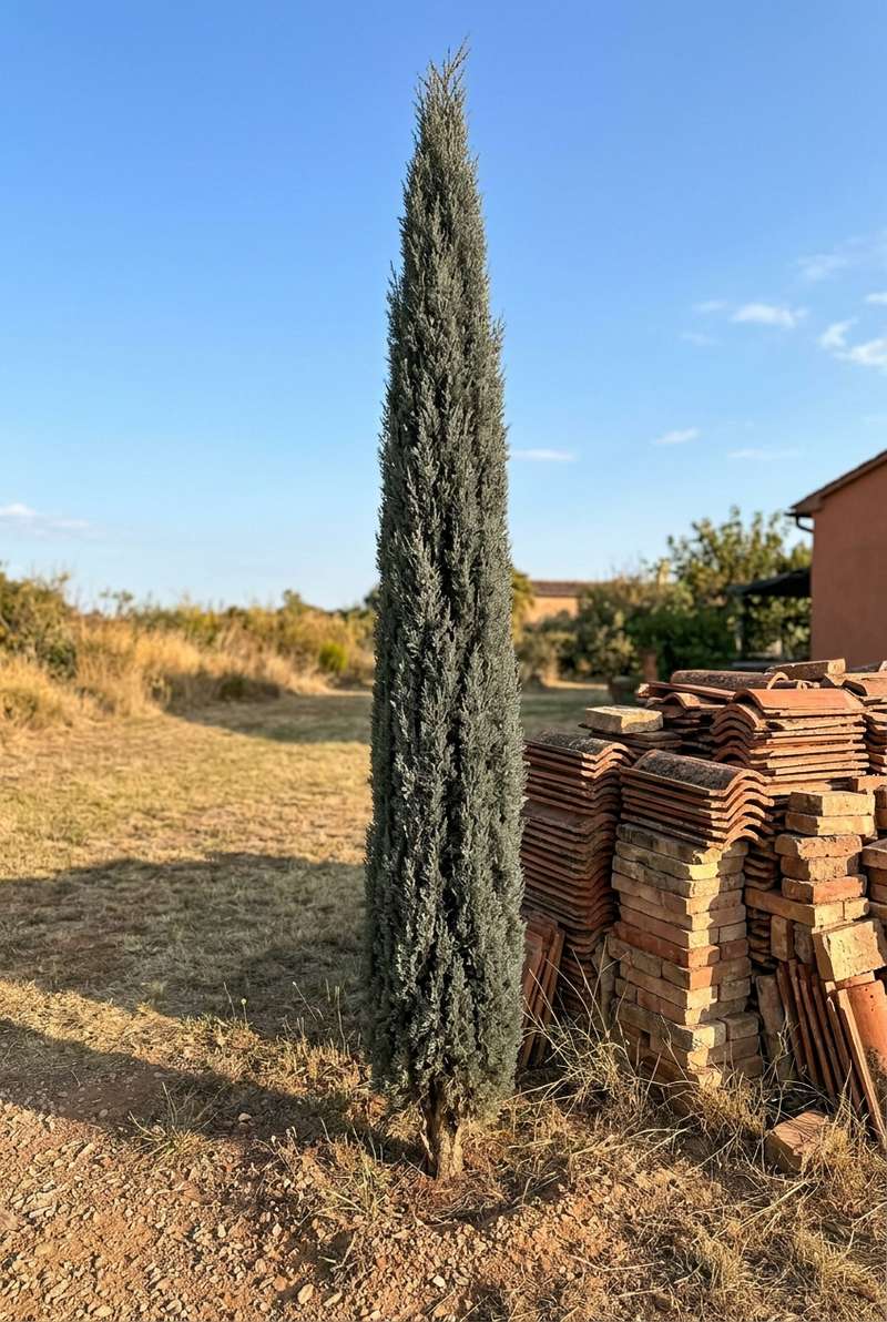 Italian cypress rising as a thin dark spire beside stacked clay roof tiles