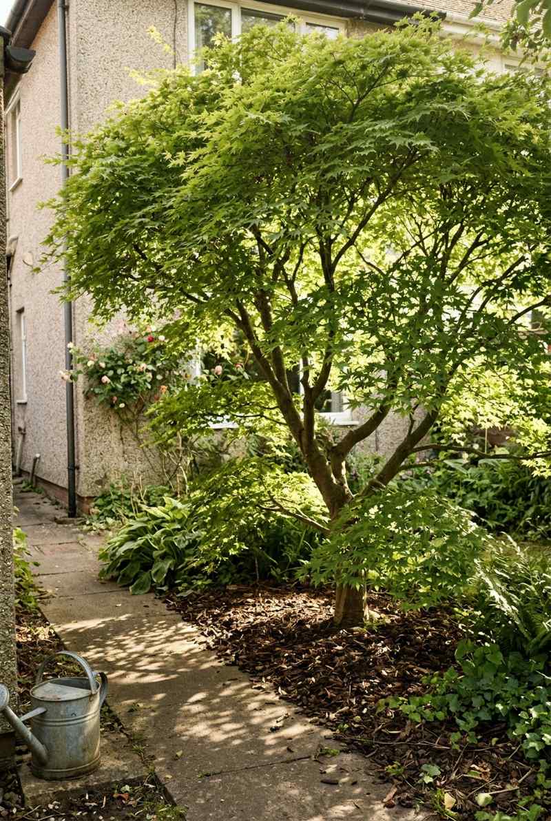 Japanese maple with green lobed leaves casting dappled shade beside a path