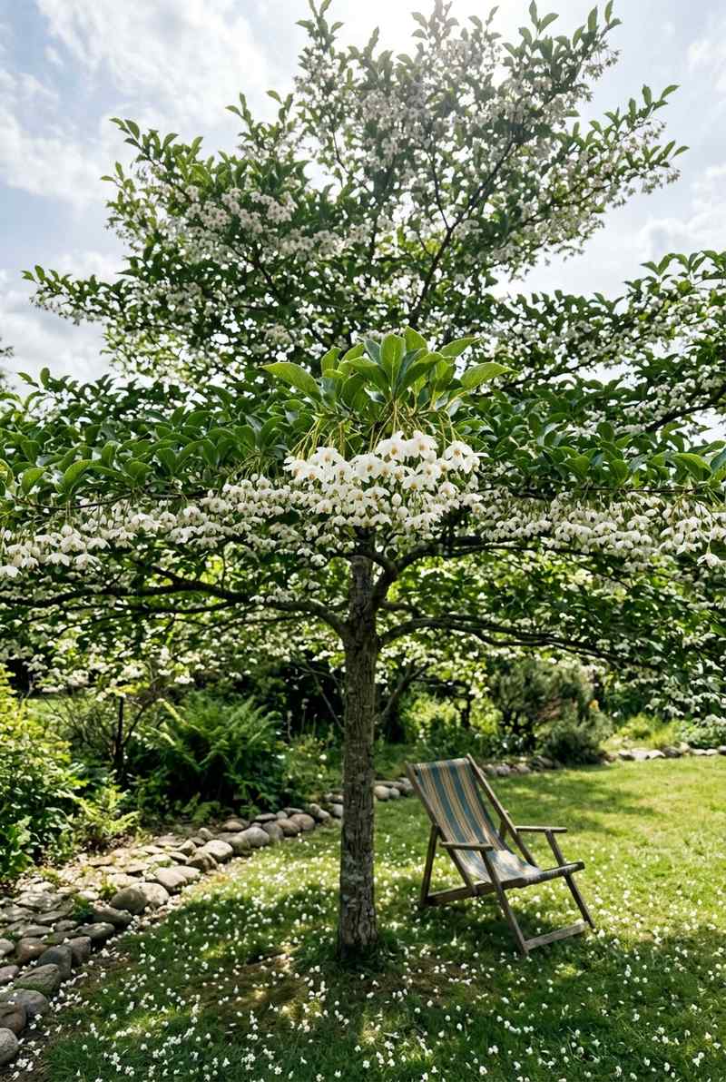 Japanese snowbell with white bell flowers hanging over a striped deck chair