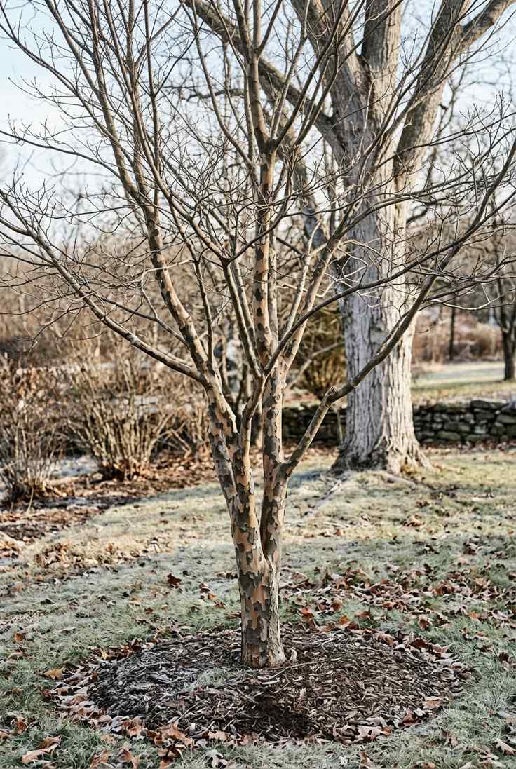 Kousa dogwood in winter showing mottled tan and gray bark