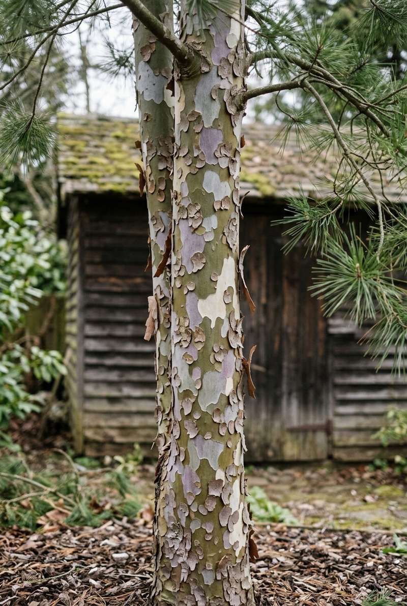 Lacebark pine trunk with a patchwork of white, olive and silver bark